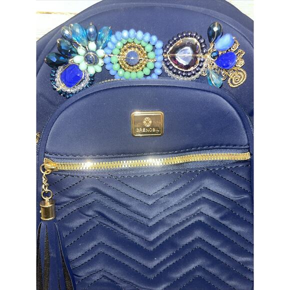 Womens Fancy MiniBackpack Navy Beaded Small Jeweled Purse Rare Crystals Stunning - Picture 2 of 10